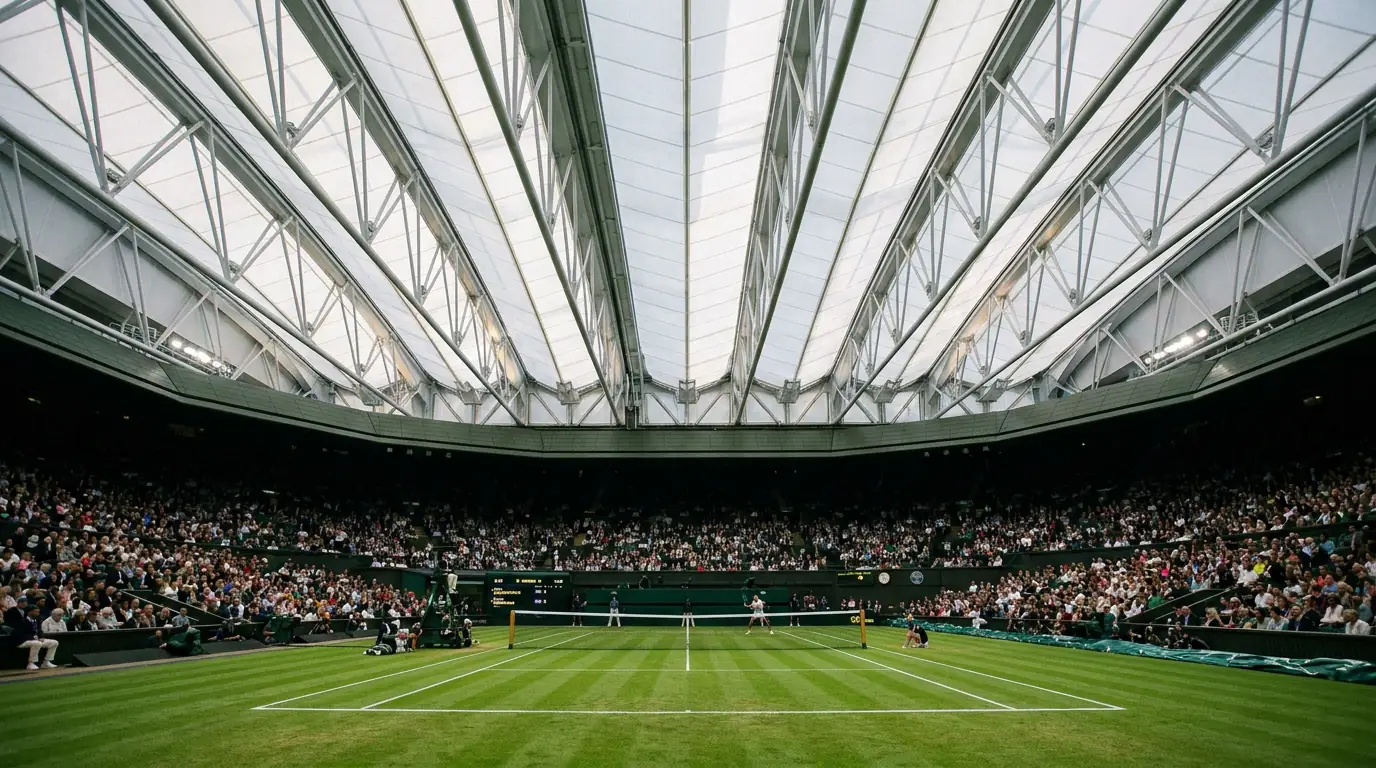 Wimbledon Centre Court retractable roof closed over the grass court during a rain interruption