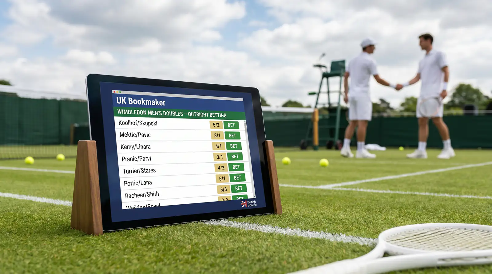 UK bookmaker screen showing Wimbledon men's doubles outright betting market