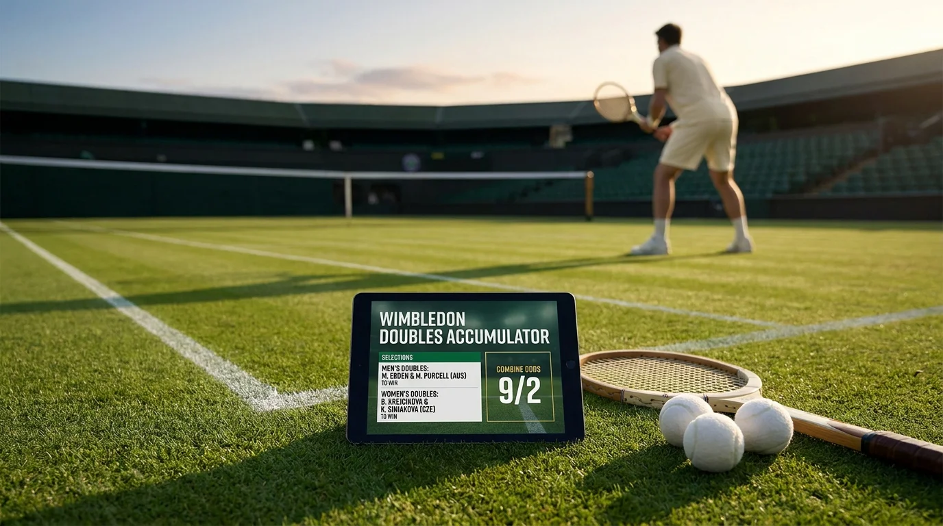 Betting slip showing Wimbledon doubles accumulator selections with combined odds