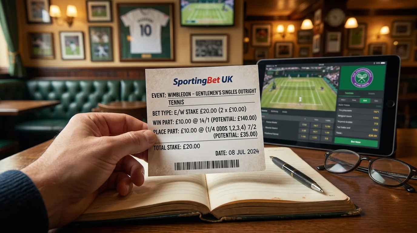 Paper with each-way stake calculation showing win and place portions for Wimbledon bet
