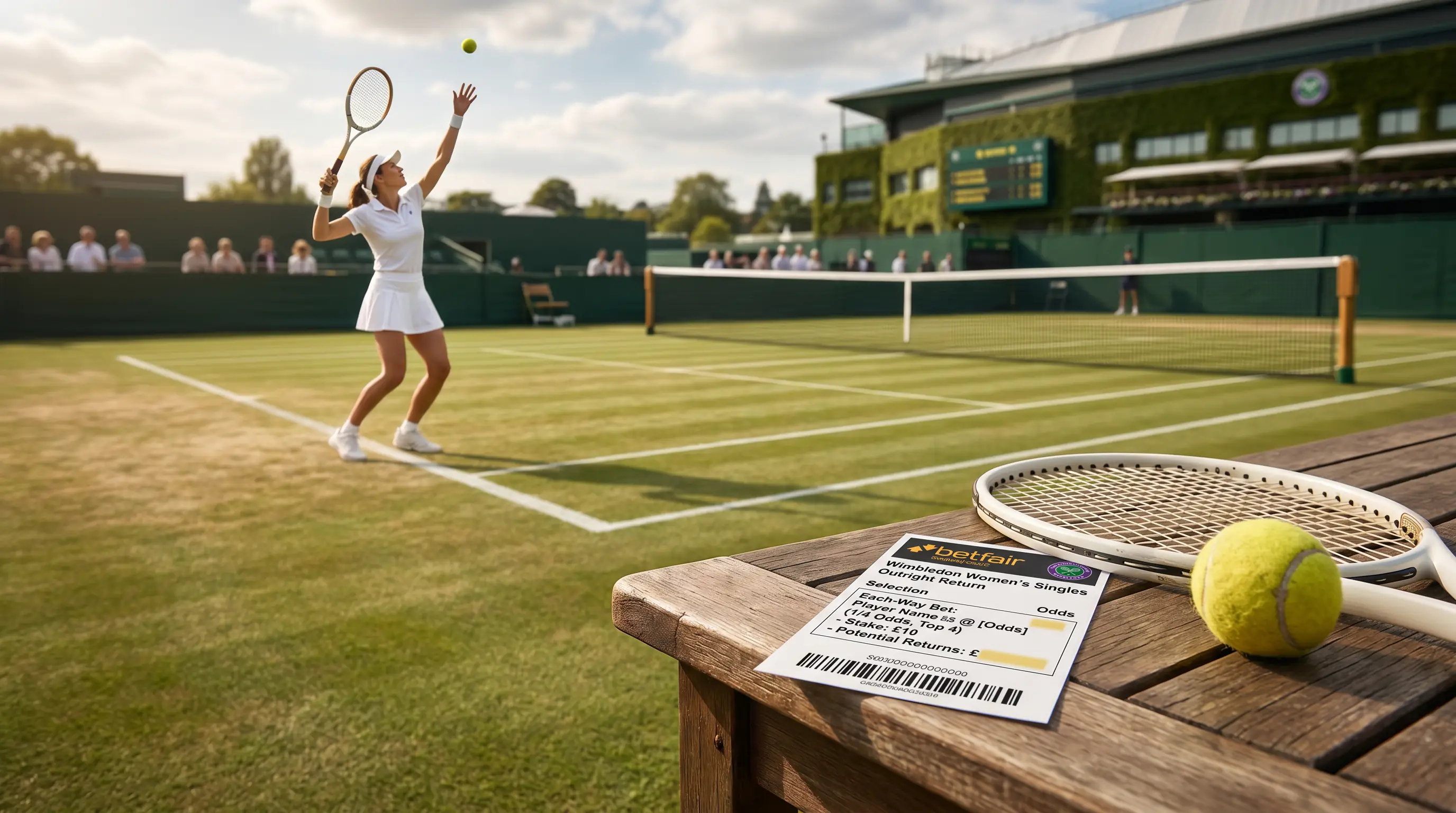 Betting slip showing each-way selection for Wimbledon women's singles outright market