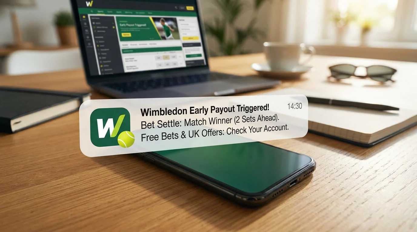 Betting app notification showing Wimbledon early payout triggered after two sets ahead