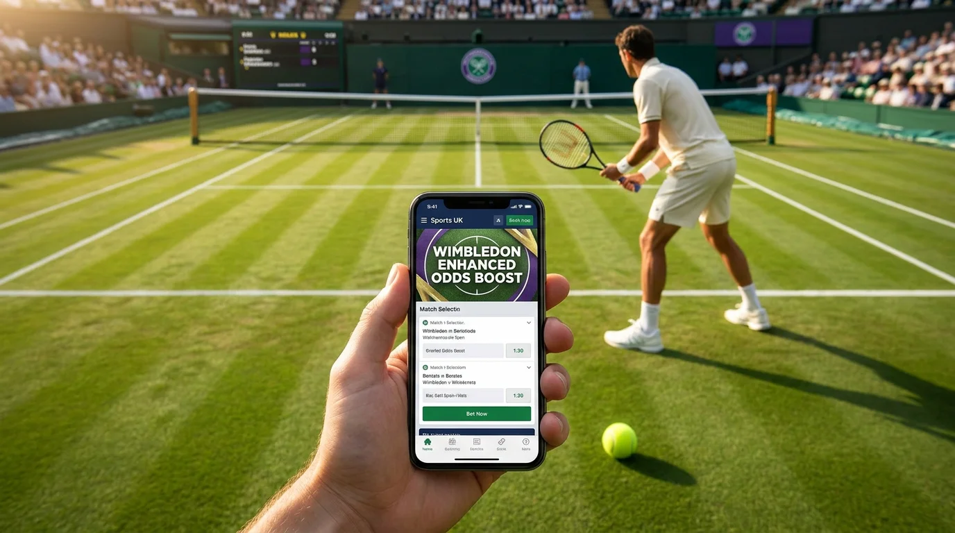 Mobile bookmaker screen showing enhanced odds boost on Wimbledon match selection