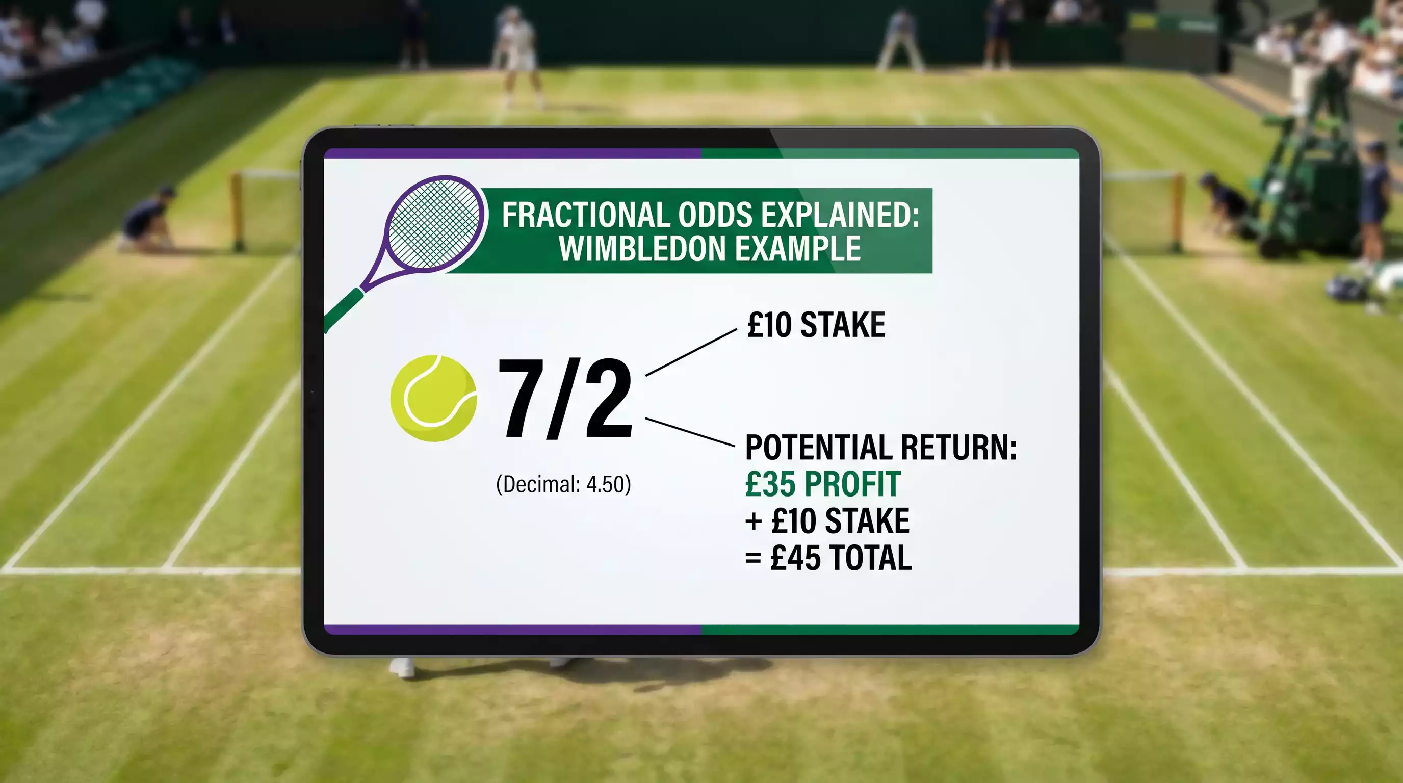 Simple diagram explaining fractional odds with Wimbledon betting example