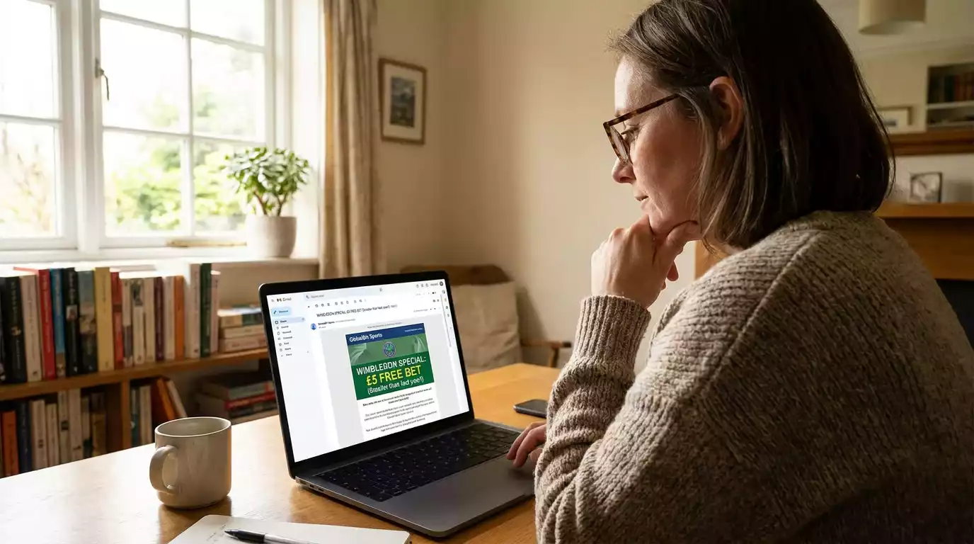 Person reviewing bookmaker promotional offer terms on laptop showing reduced Wimbledon free bet value