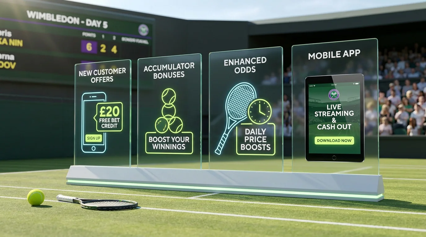Four categories of Wimbledon betting promotions displayed on clean infographic