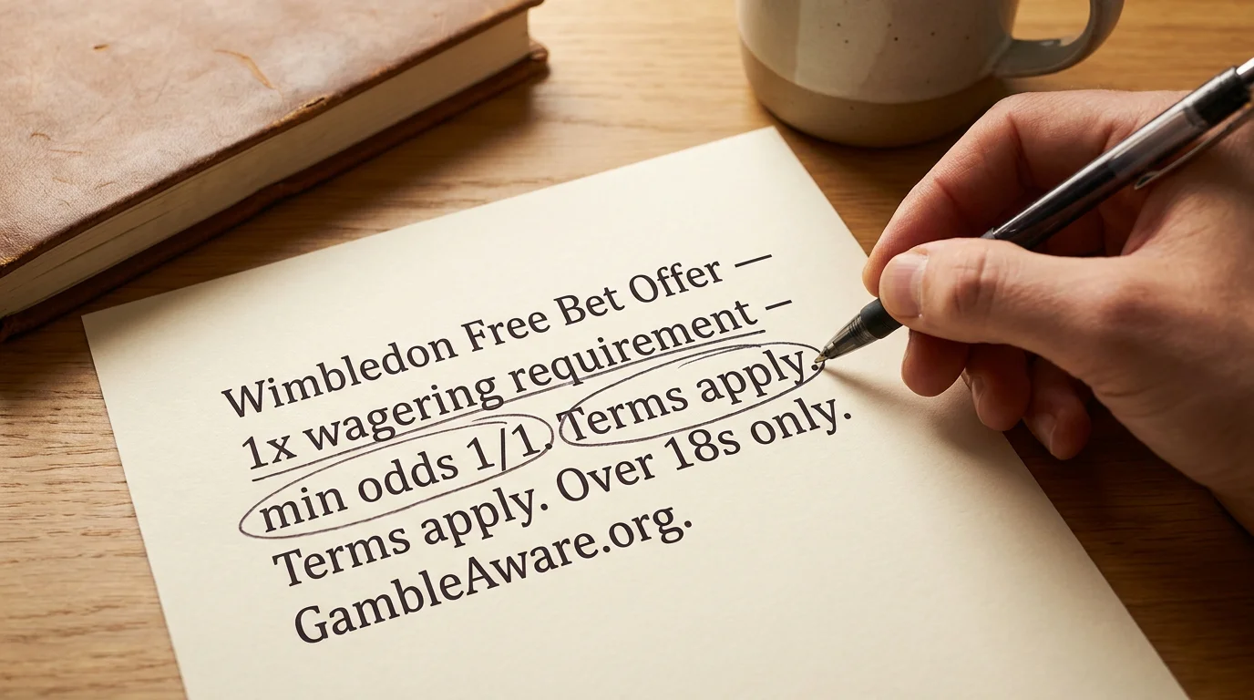 Close-up of sports betting promotion terms and conditions document for Wimbledon free bet offer