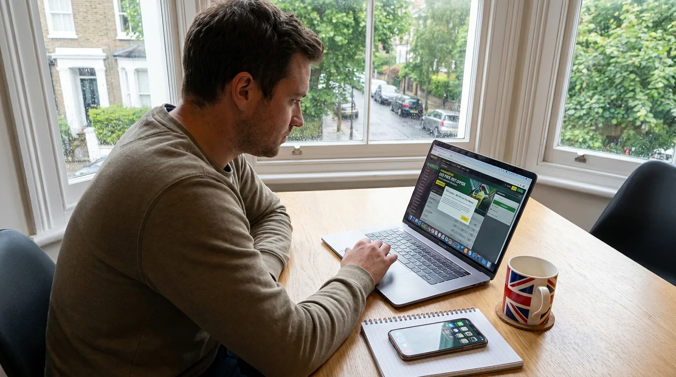 UK punter reading Wimbledon free bet terms on laptop before claiming offer