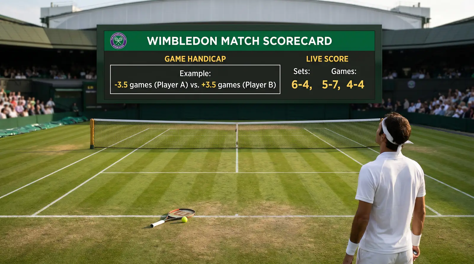 Wimbledon match scorecard with game handicap betting settlement example