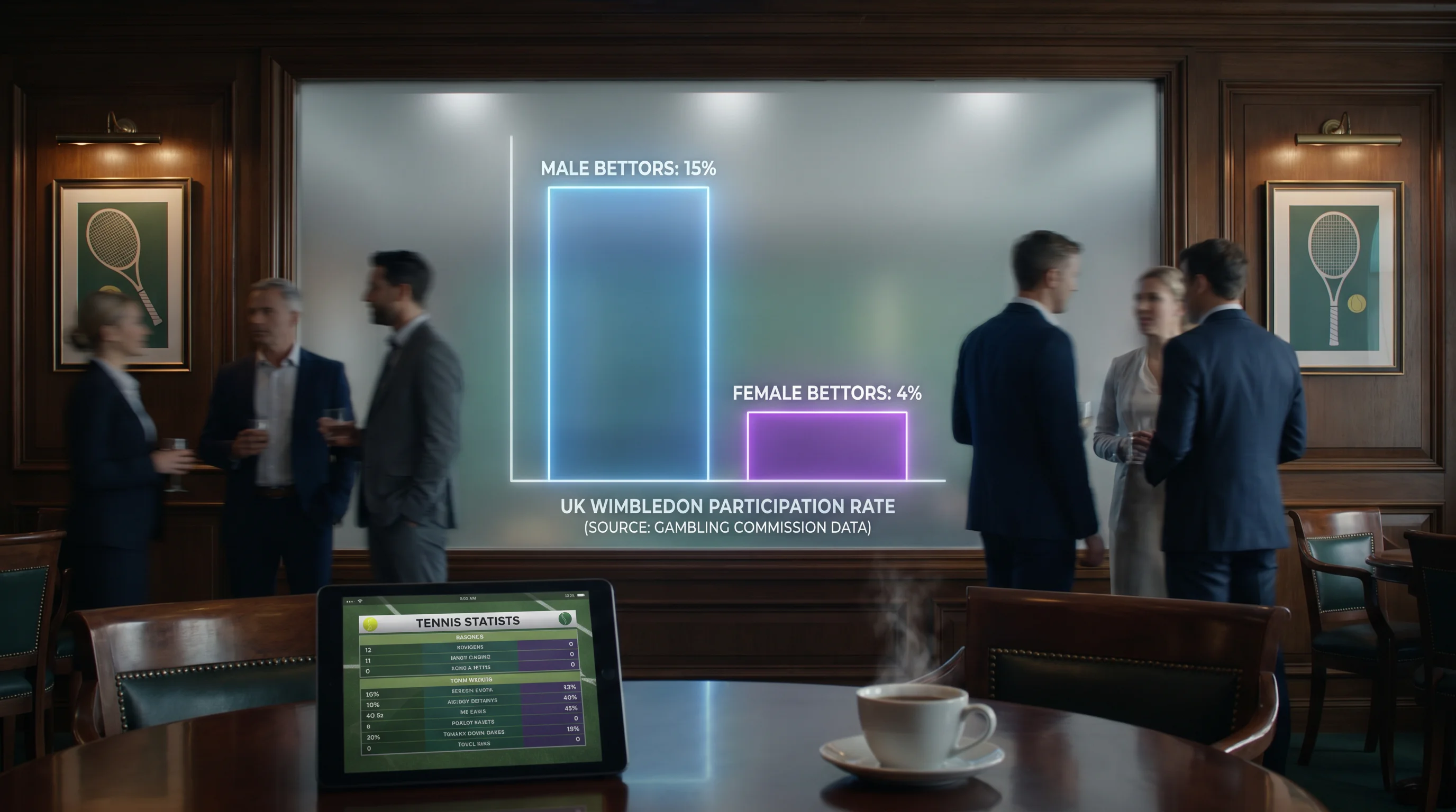Bar chart showing 15% male versus 4% female UK Wimbledon betting participation rate