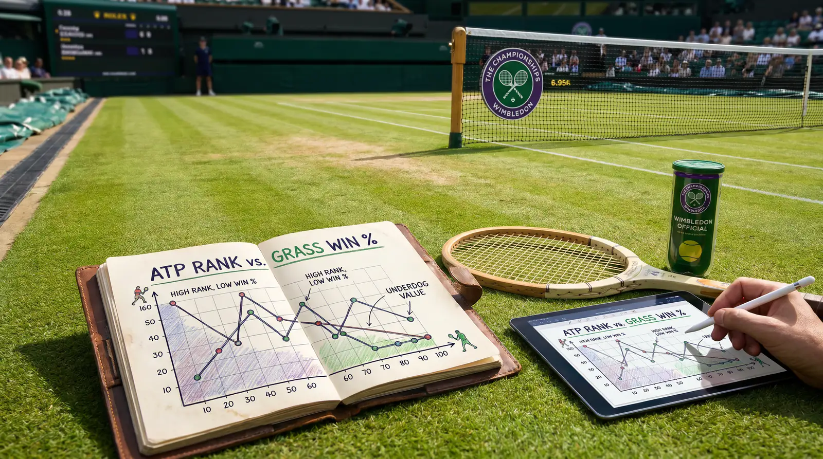 Chart comparing ATP ranking position versus grass-court win rate for Wimbledon players