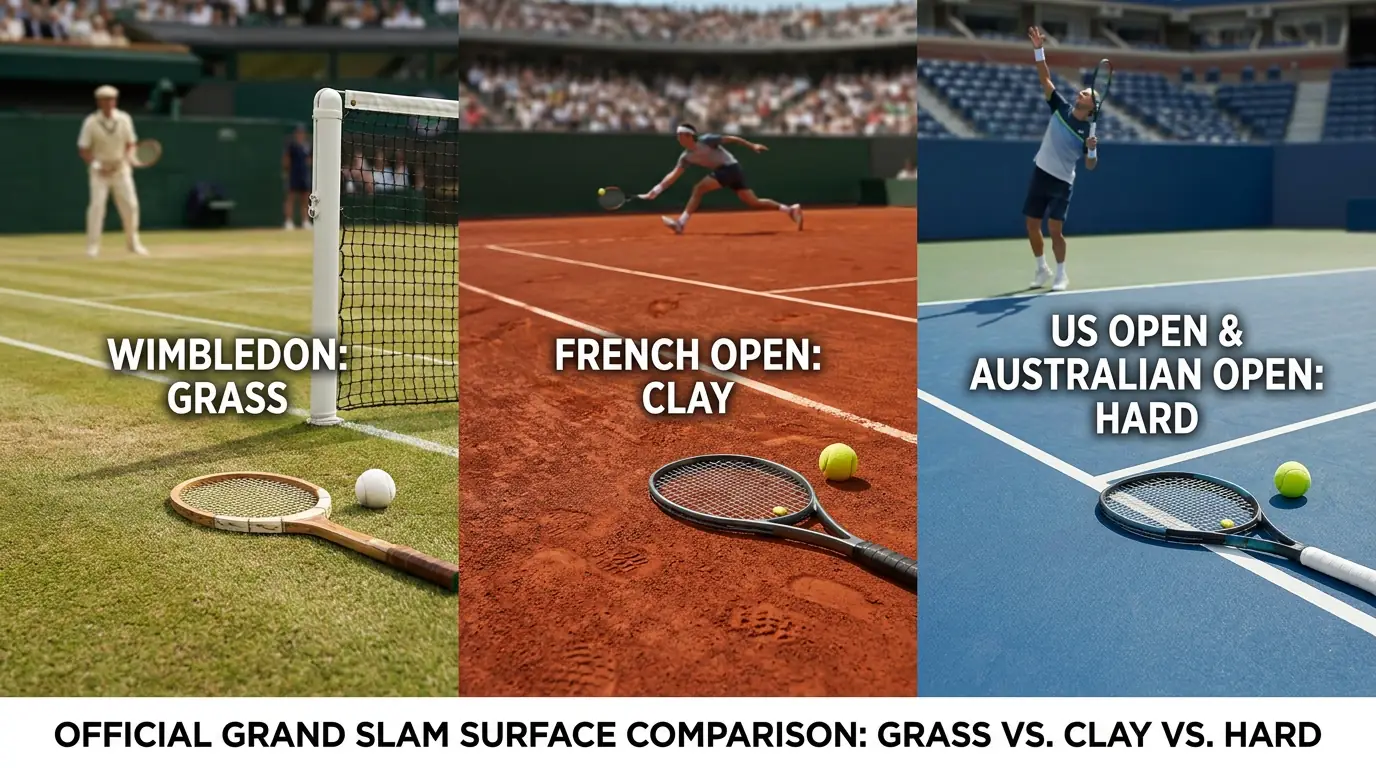 Side-by-side court surface comparison showing grass Wimbledon versus hard and clay Grand Slams