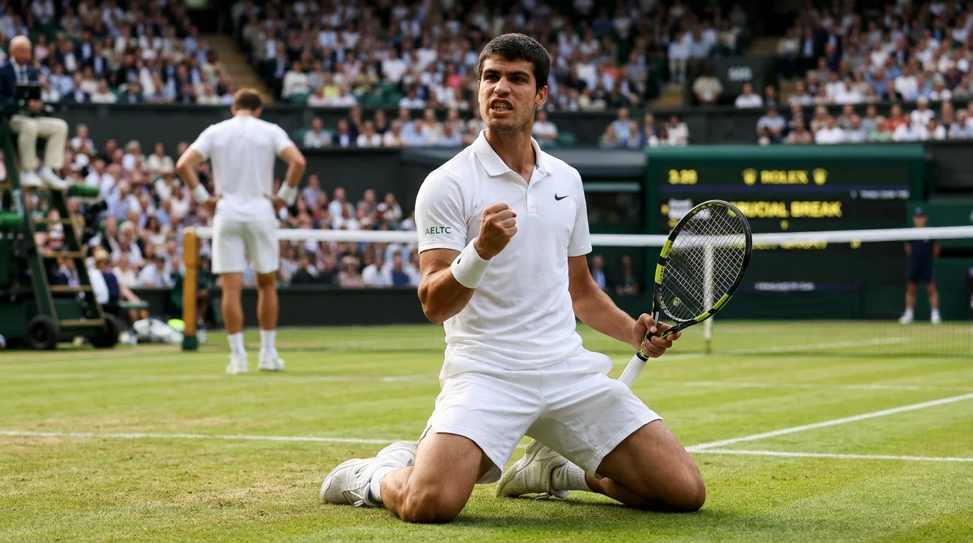 Tennis player reacting to a crucial service break on the Wimbledon grass court during a competitive match