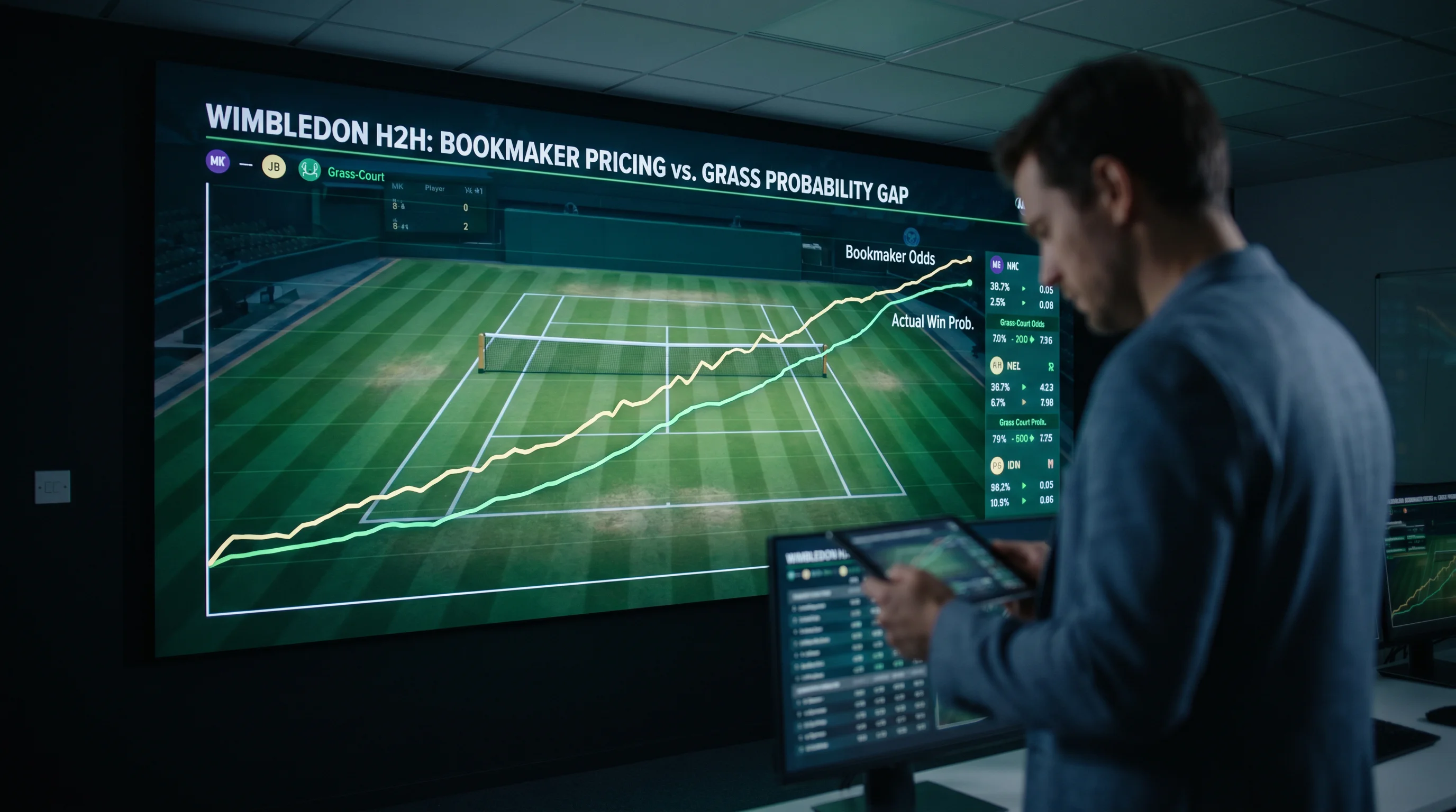 Chart showing gap between bookmaker Wimbledon H2H pricing and actual grass win probability