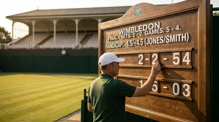 Wimbledon match scoreboard with handicap betting lines and calculations
