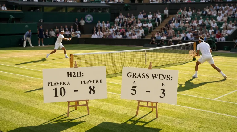 Two tennis players on Wimbledon grass court facing off with H2H statistics