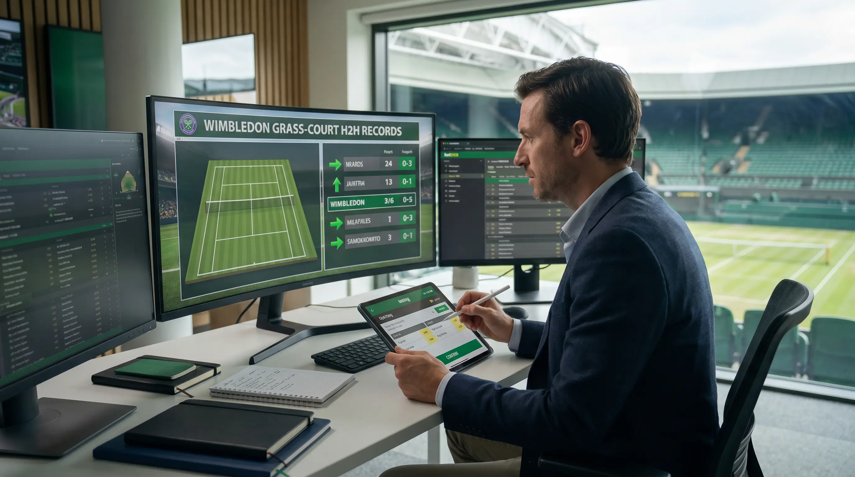 Sports analyst reviewing Wimbledon head-to-head grass-court records before betting