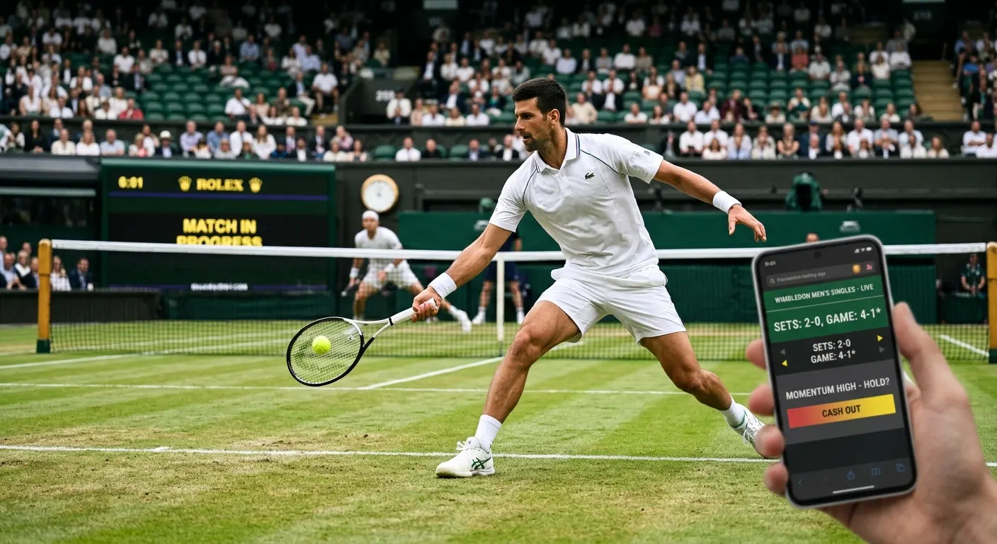 Tennis player dominating Wimbledon match showing momentum that argues against cashing out