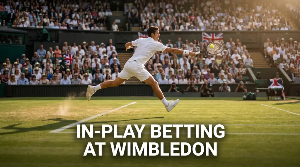 Wimbledon in-play betting guide showing live market timing and grass-court momentum signals for UK punters