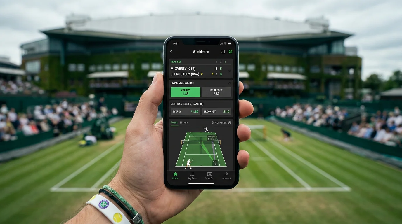 Mobile betting app screen showing live Wimbledon match with in-play odds and court visualisation