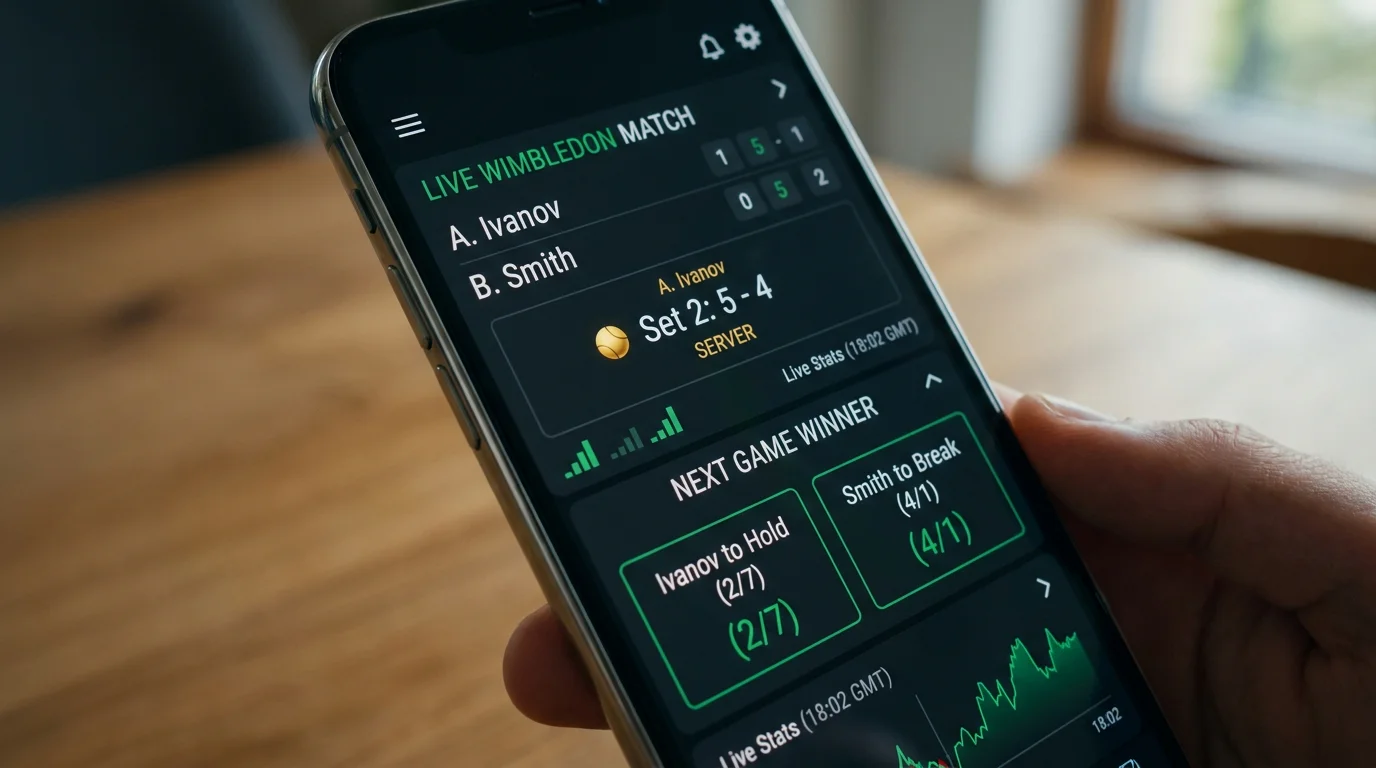 Mobile phone screen showing live next game winner market during a Wimbledon match with real-time odds
