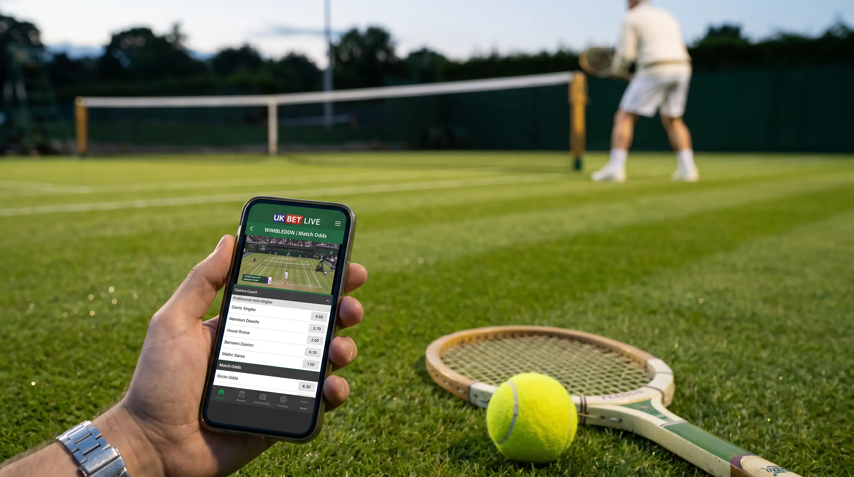 Mobile phone streaming live Wimbledon Centre Court match on betting app