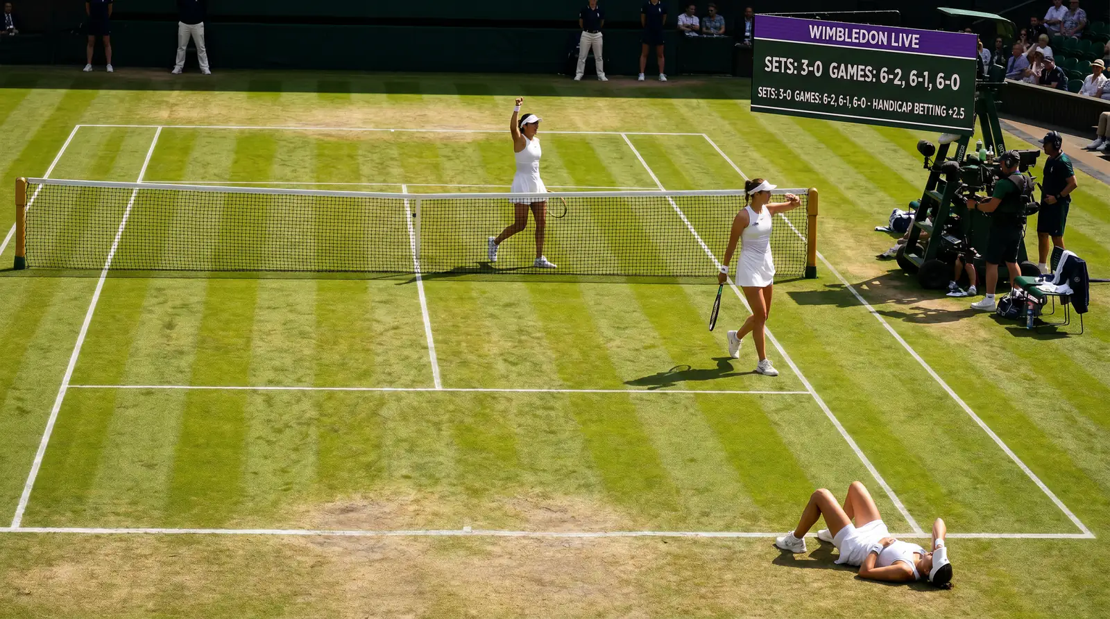 Tennis match in progress on Wimbledon grass court with dominant player winning clearly