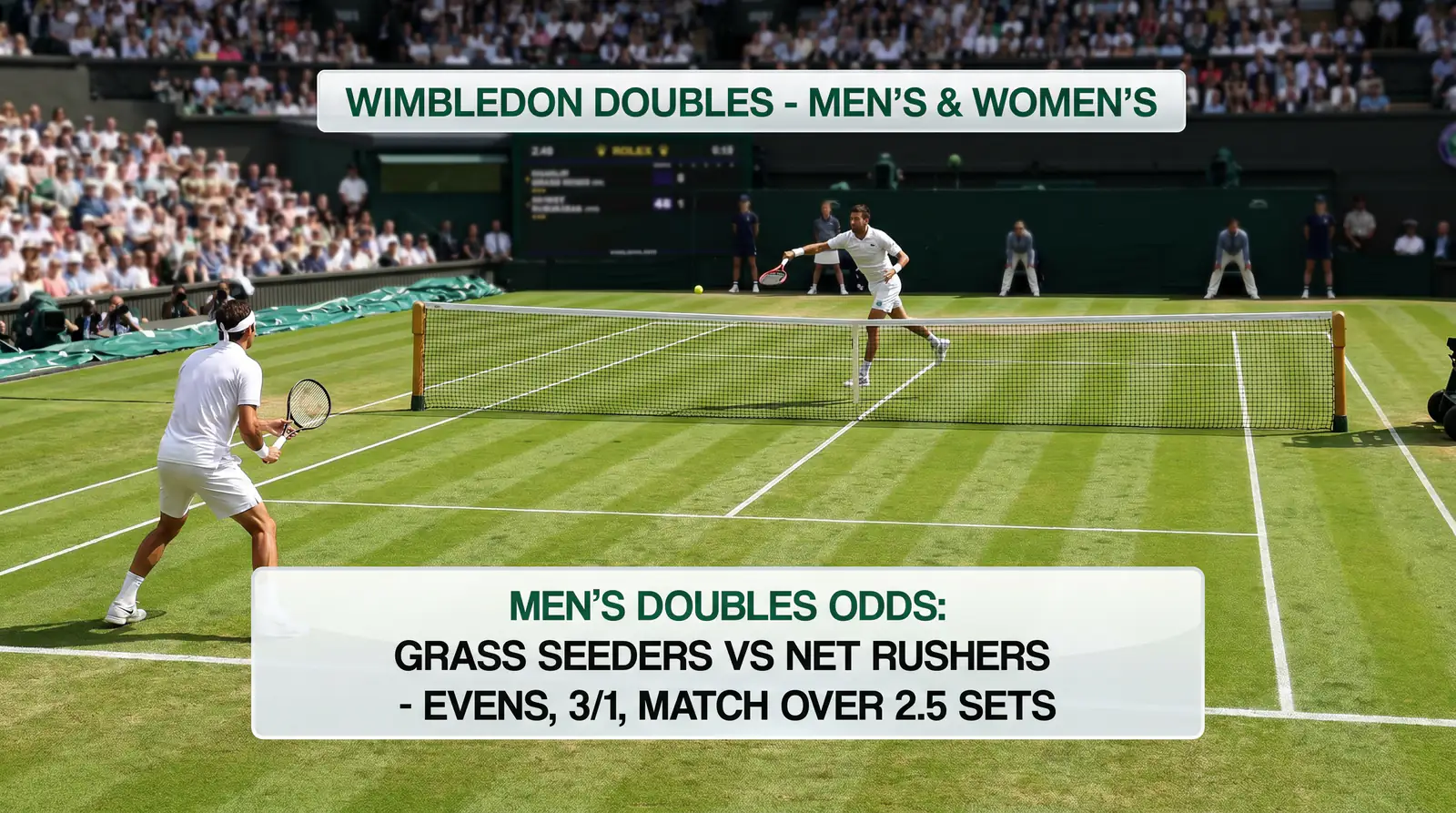 Wimbledon men's doubles pair executing serve-and-volley on grass court