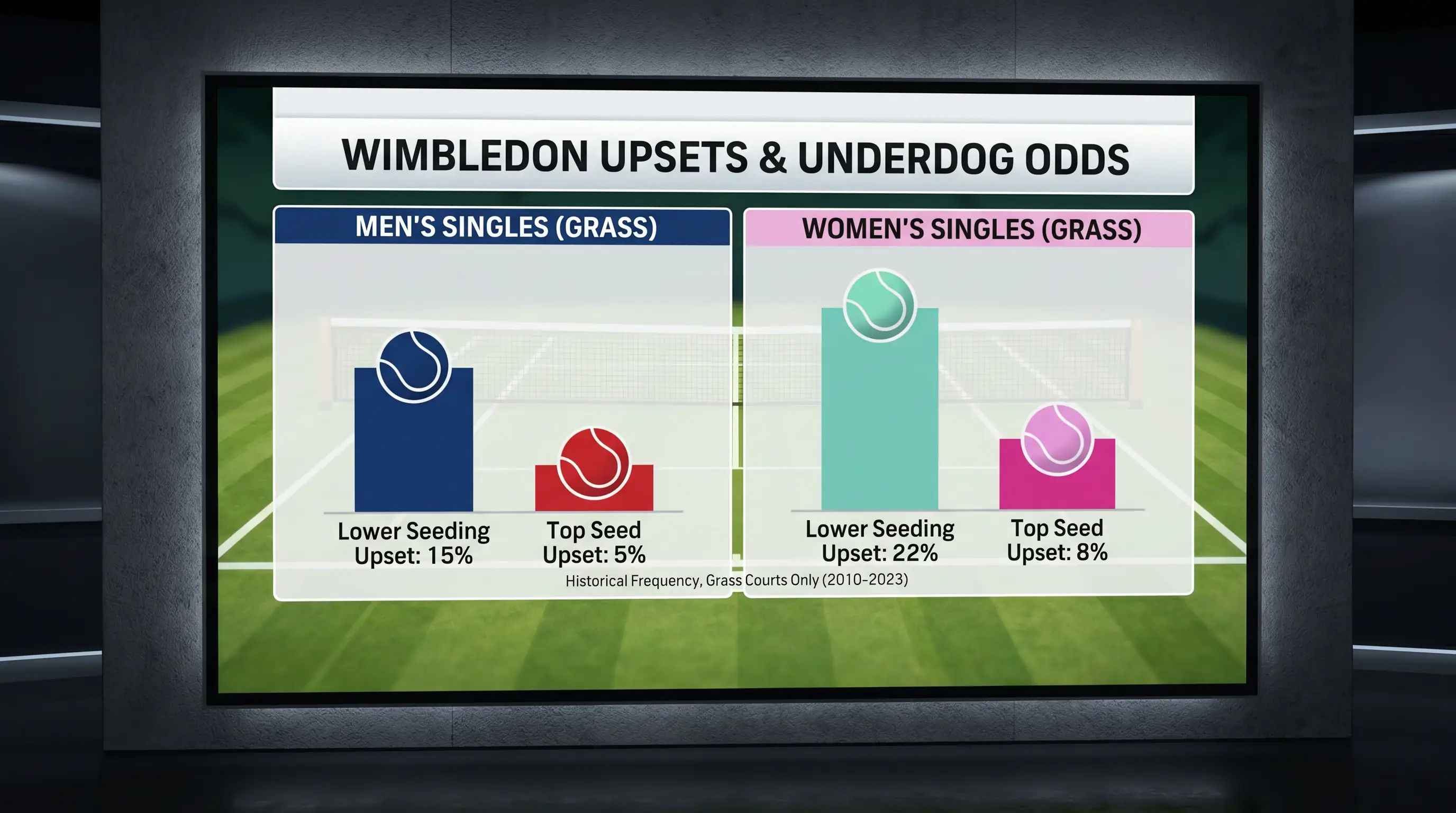 Side-by-side statistical comparison of men's and women's Wimbledon upset frequency