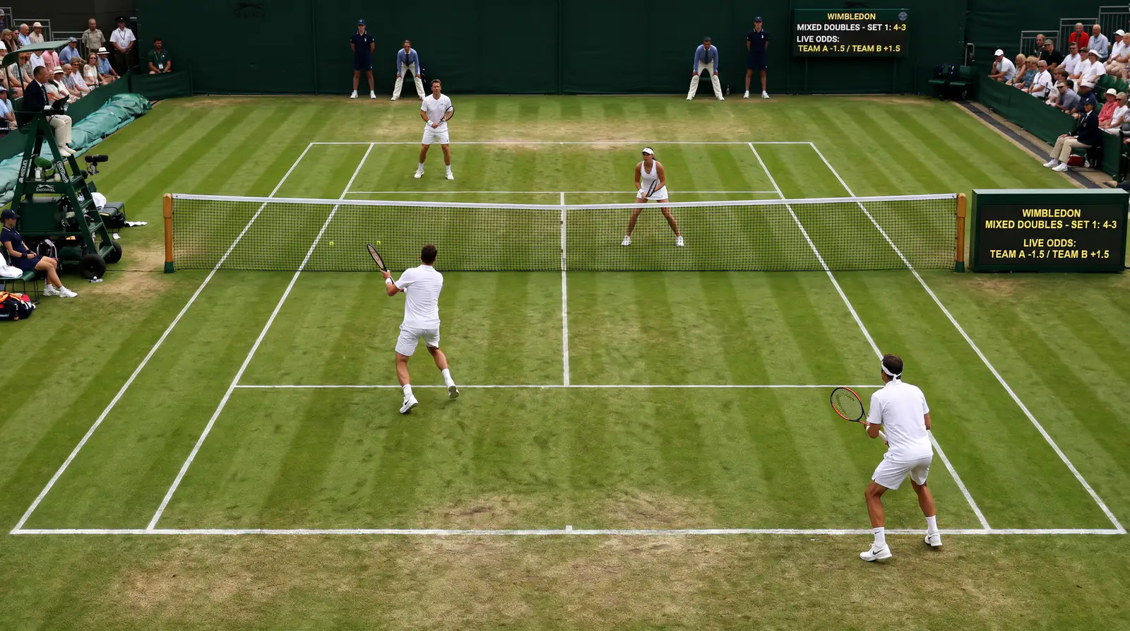 Wimbledon mixed doubles match in progress on outer court at SW19
