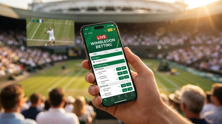 Mobile phone showing live Wimbledon betting app during Centre Court match