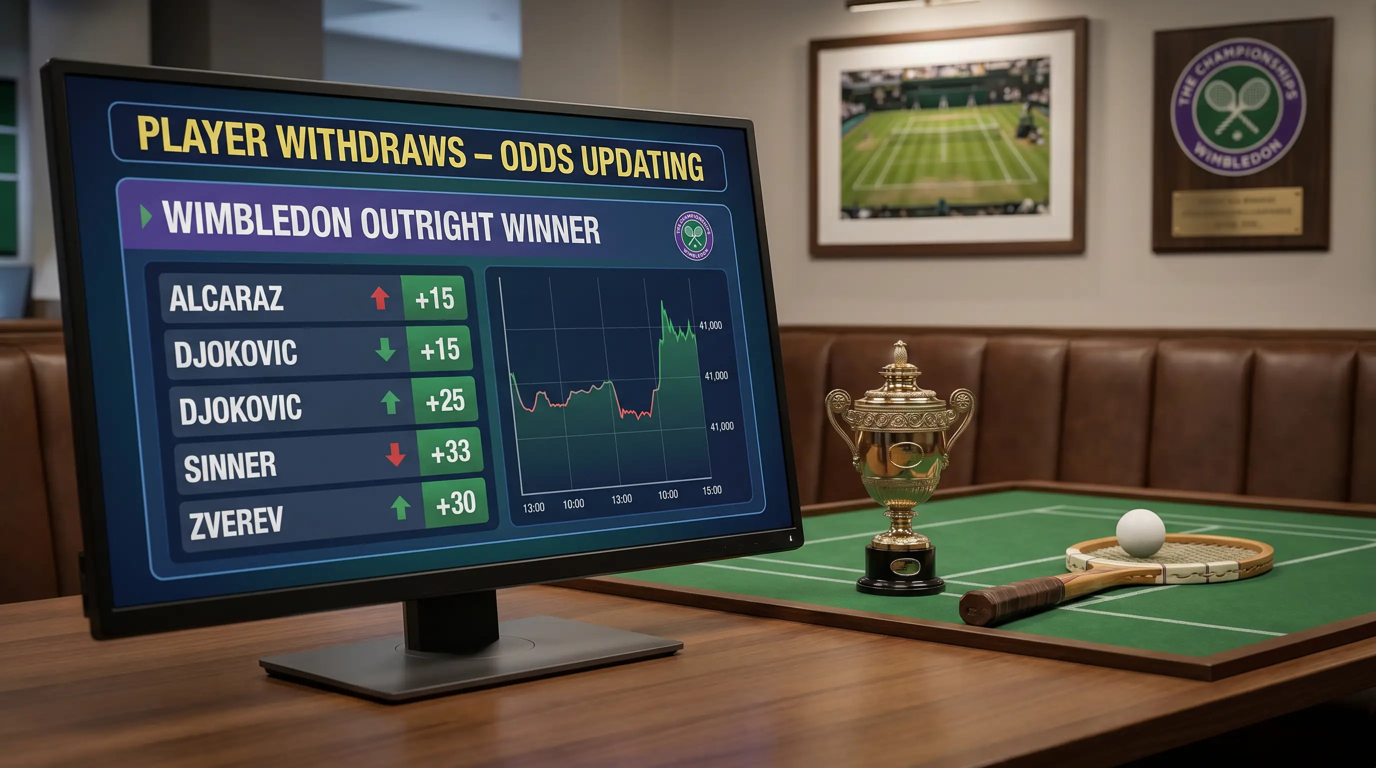 UK bookmaker screen showing Wimbledon outright market reacting to player withdrawal