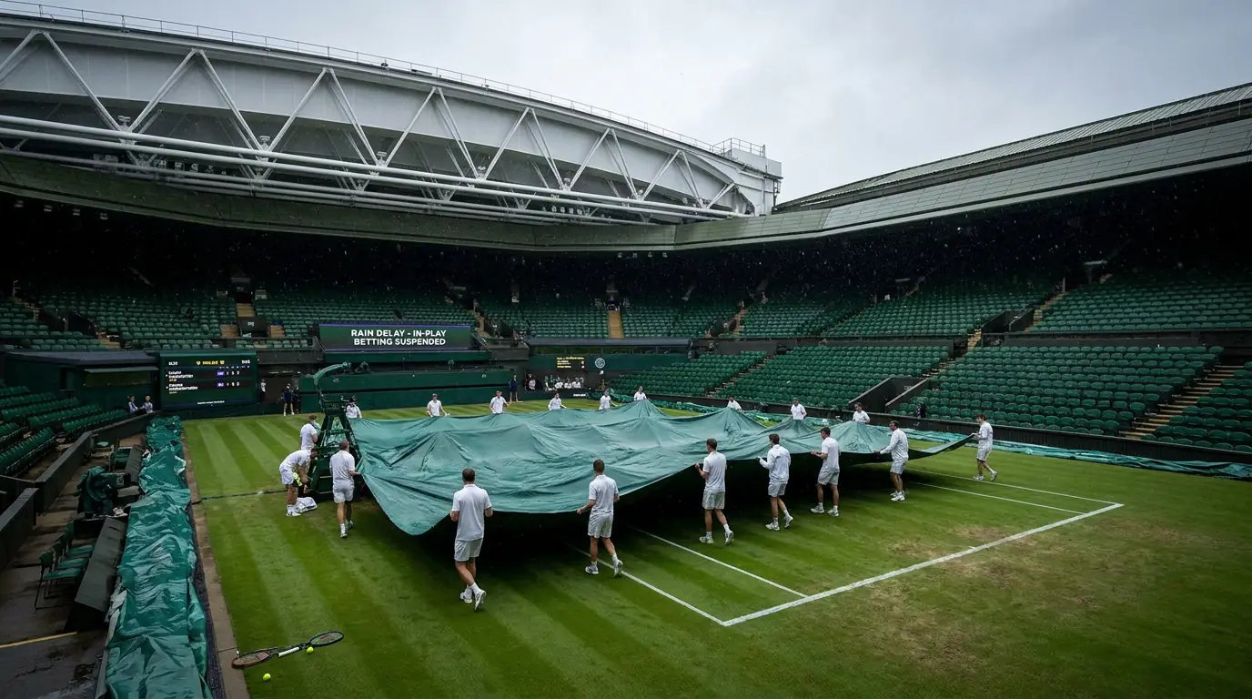 Wimbledon groundstaff covering outdoor courts with tarpaulin during rain