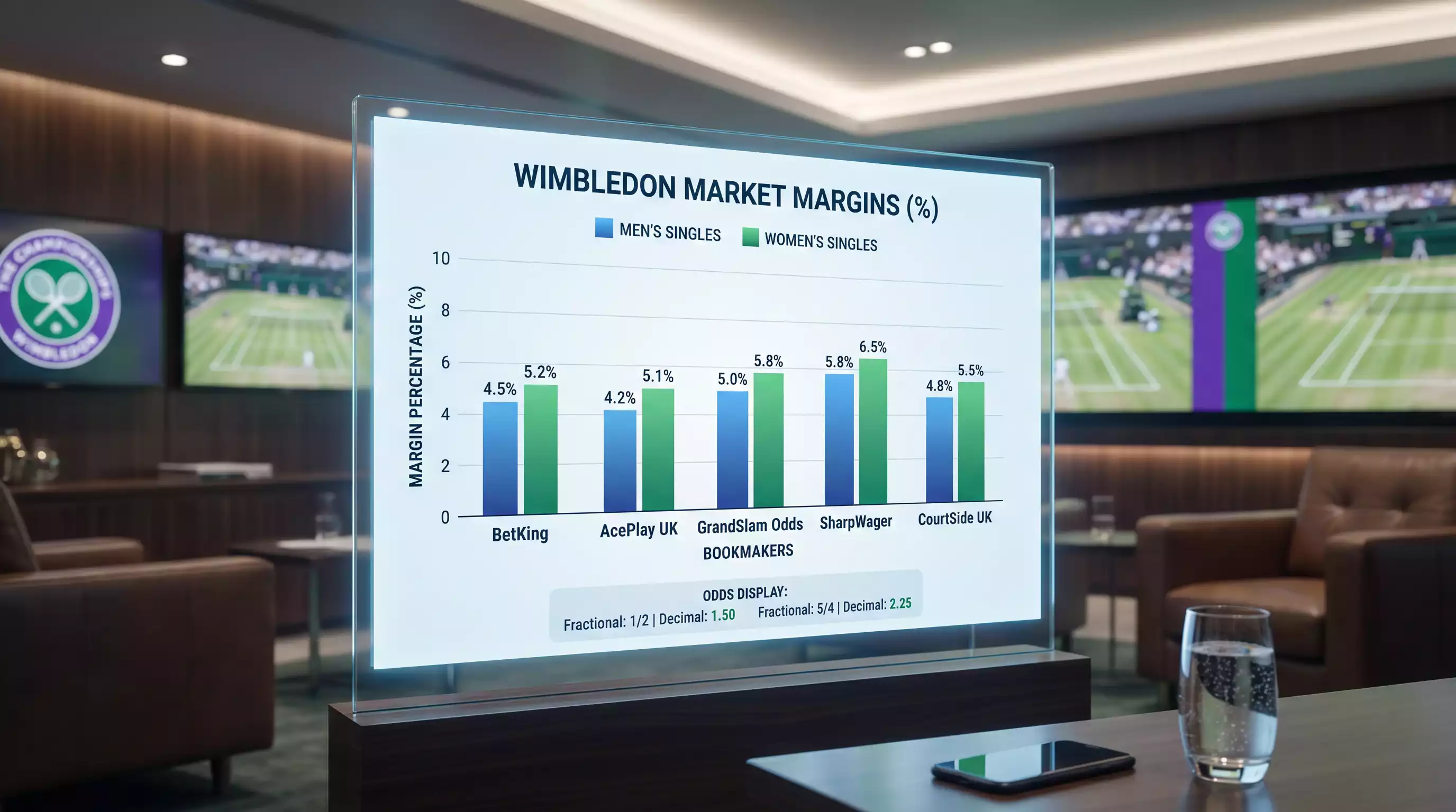 Clean bar chart showing bookmaker margin percentage across Wimbledon betting markets