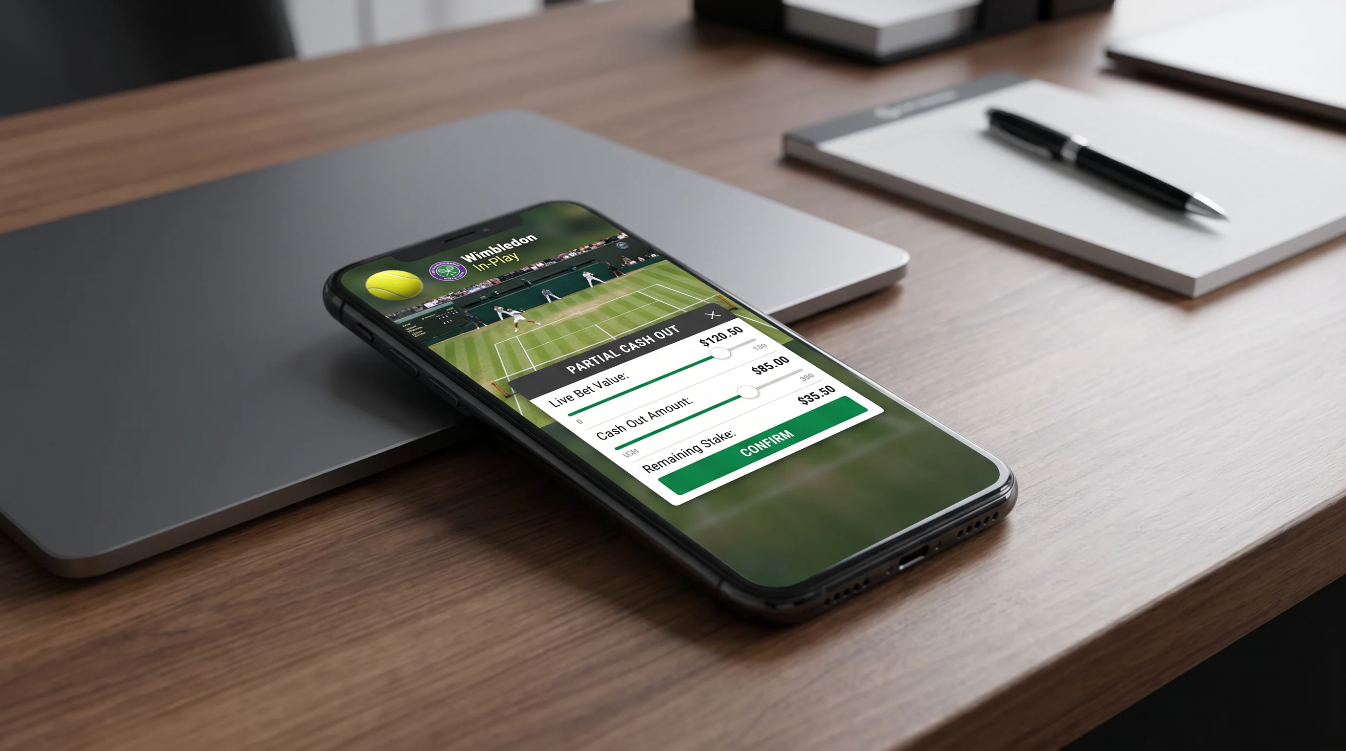 Clean calculation showing partial cash-out mathematics for Wimbledon in-play bet