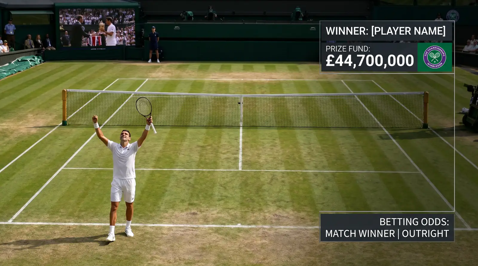 Tennis player celebrating match win at Wimbledon with prize fund context