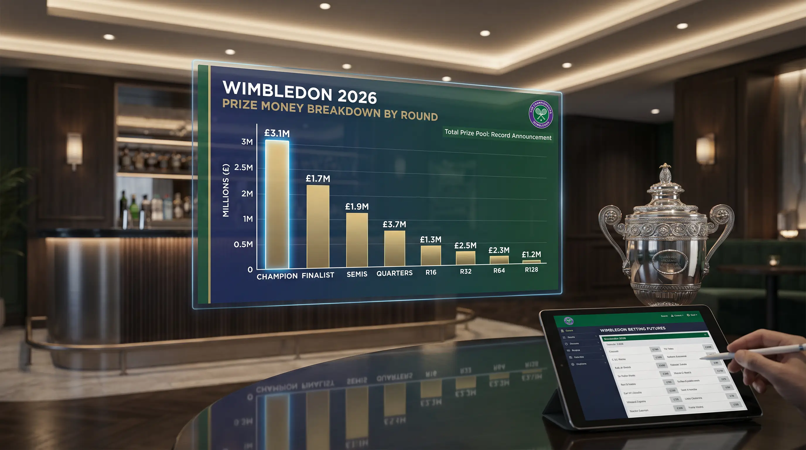 Clean bar chart showing Wimbledon 2026 prize money breakdown by tournament round