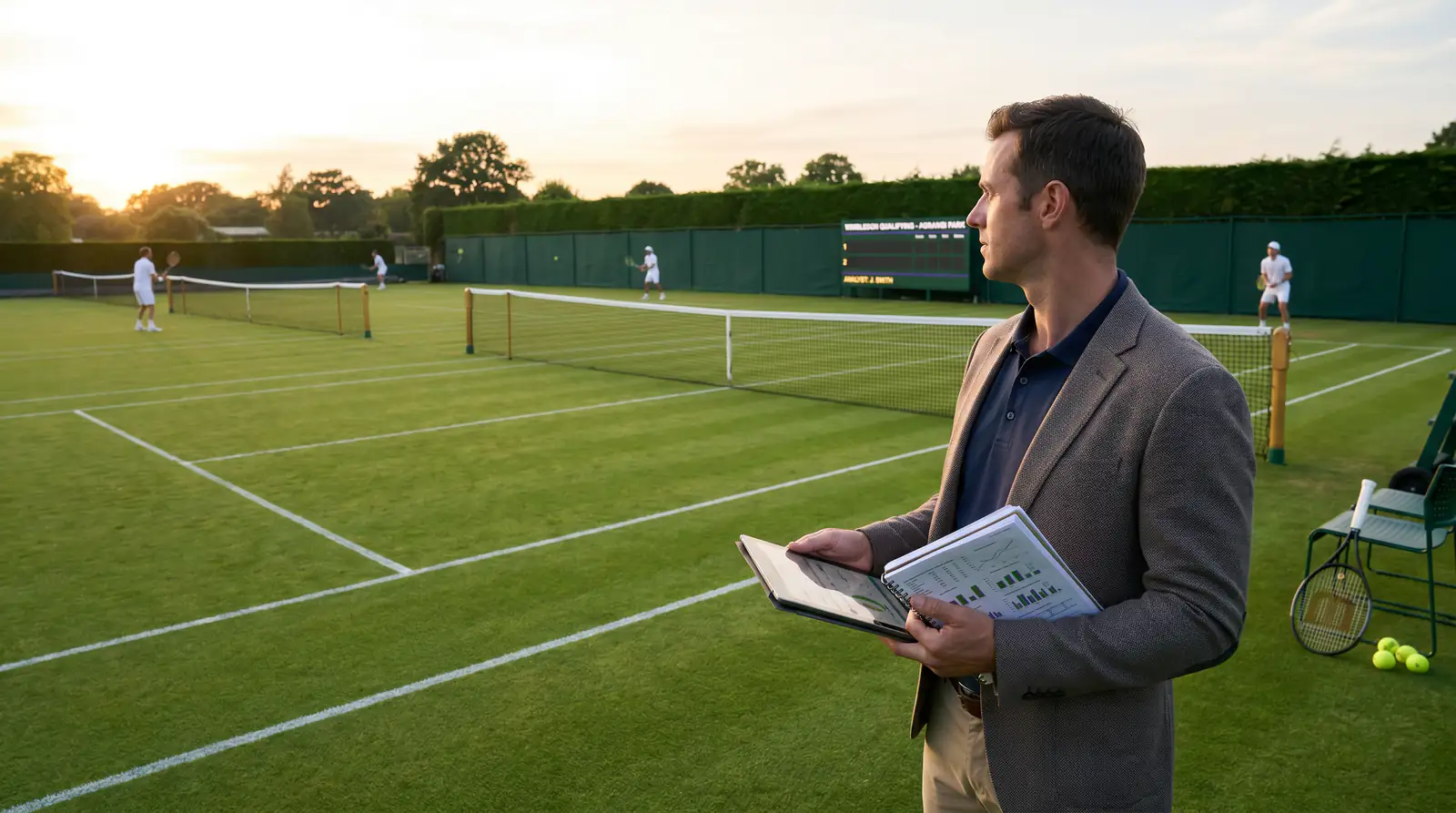 Sports analyst reviewing grass-court statistics for Wimbledon qualifying contenders