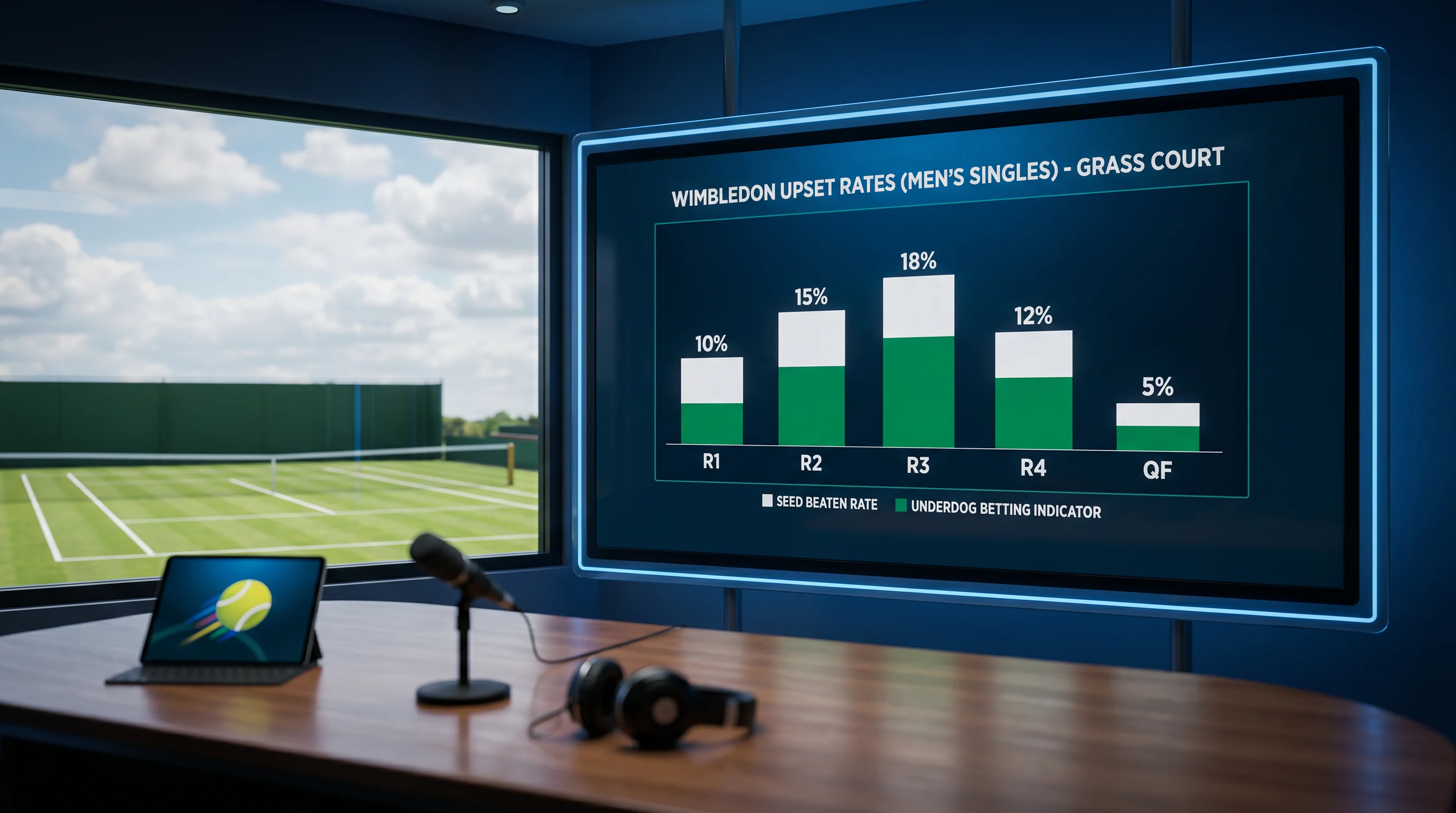 Chart showing Wimbledon upset rates by round from R1 through quarter-finals