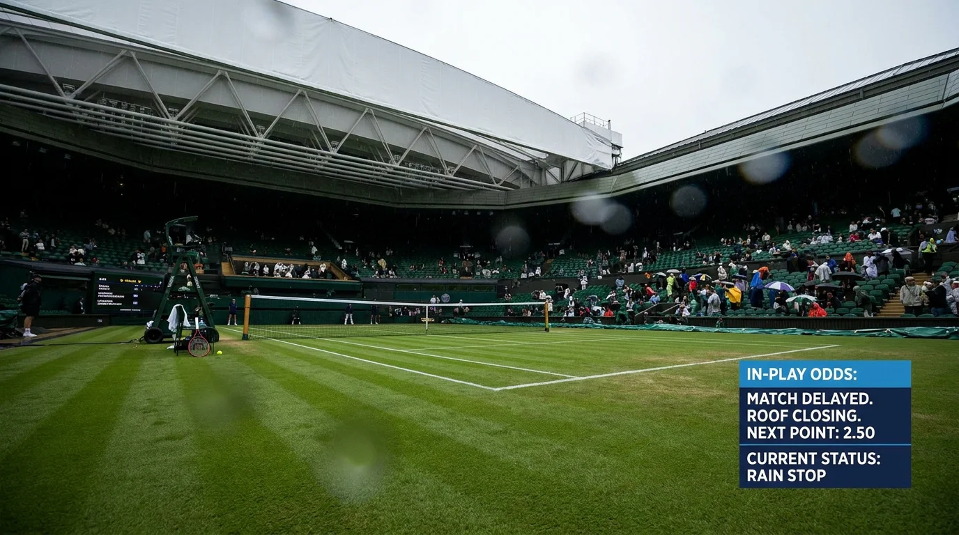 Wimbledon Centre Court during rain delay with spectators under covered stands