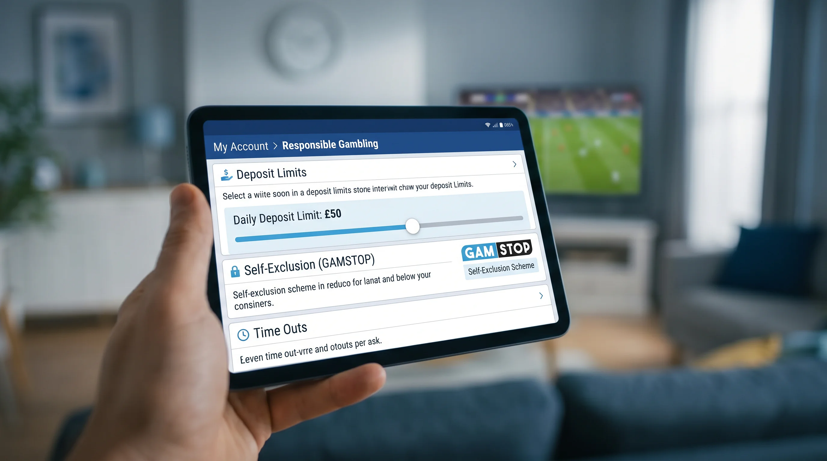 UK betting account settings screen showing safer gambling tools and deposit limit controls