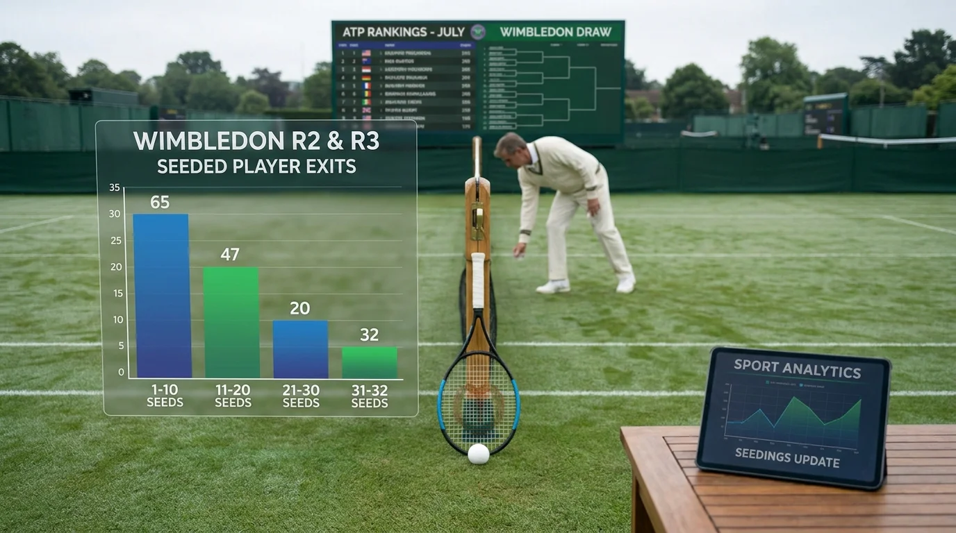 Bar chart showing frequency of seeded player exits in R2 and R3 at Wimbledon by seed bracket