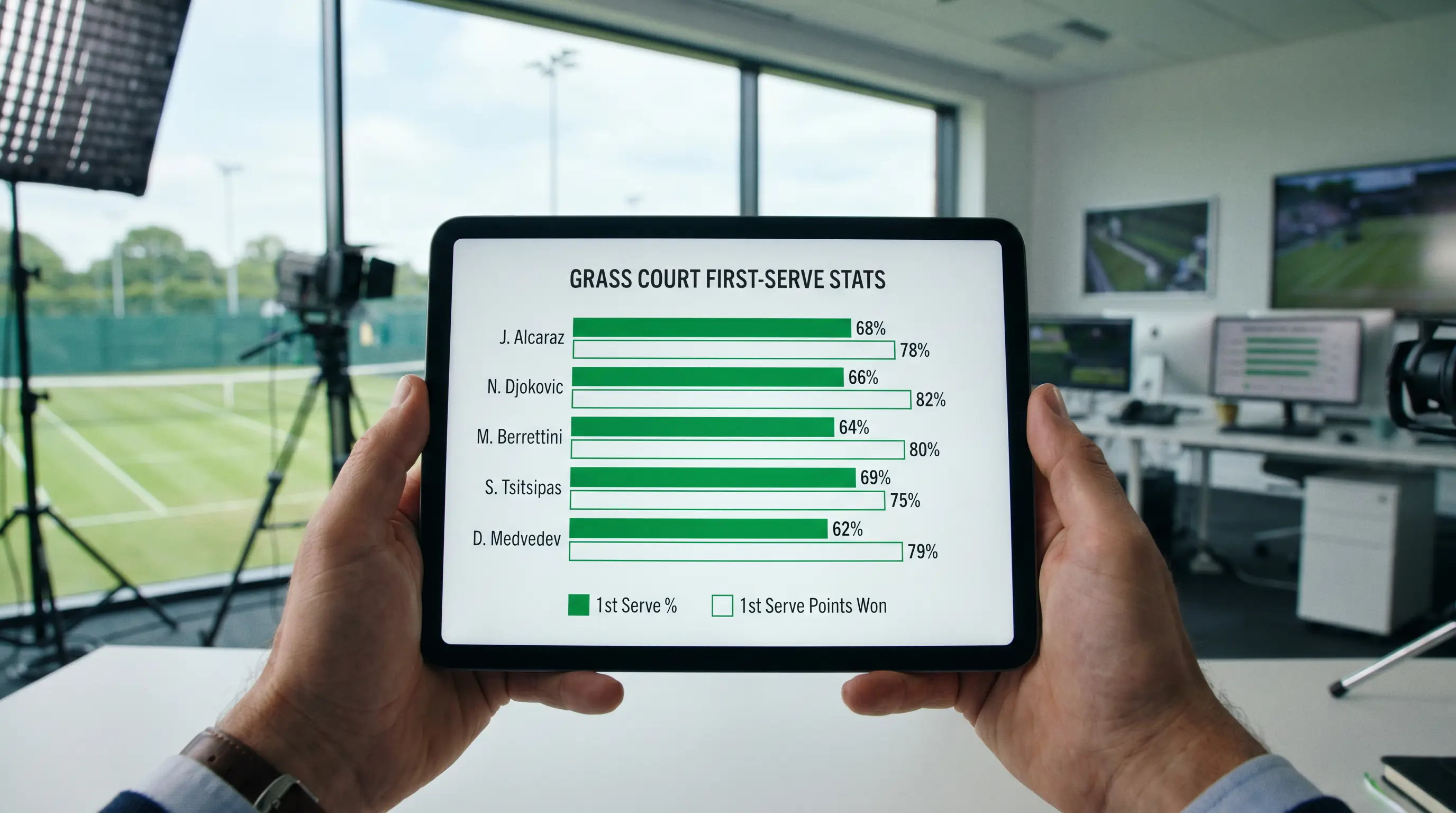 Tennis analyst reviewing serve statistics on a tablet showing first-serve percentage data for grass court players