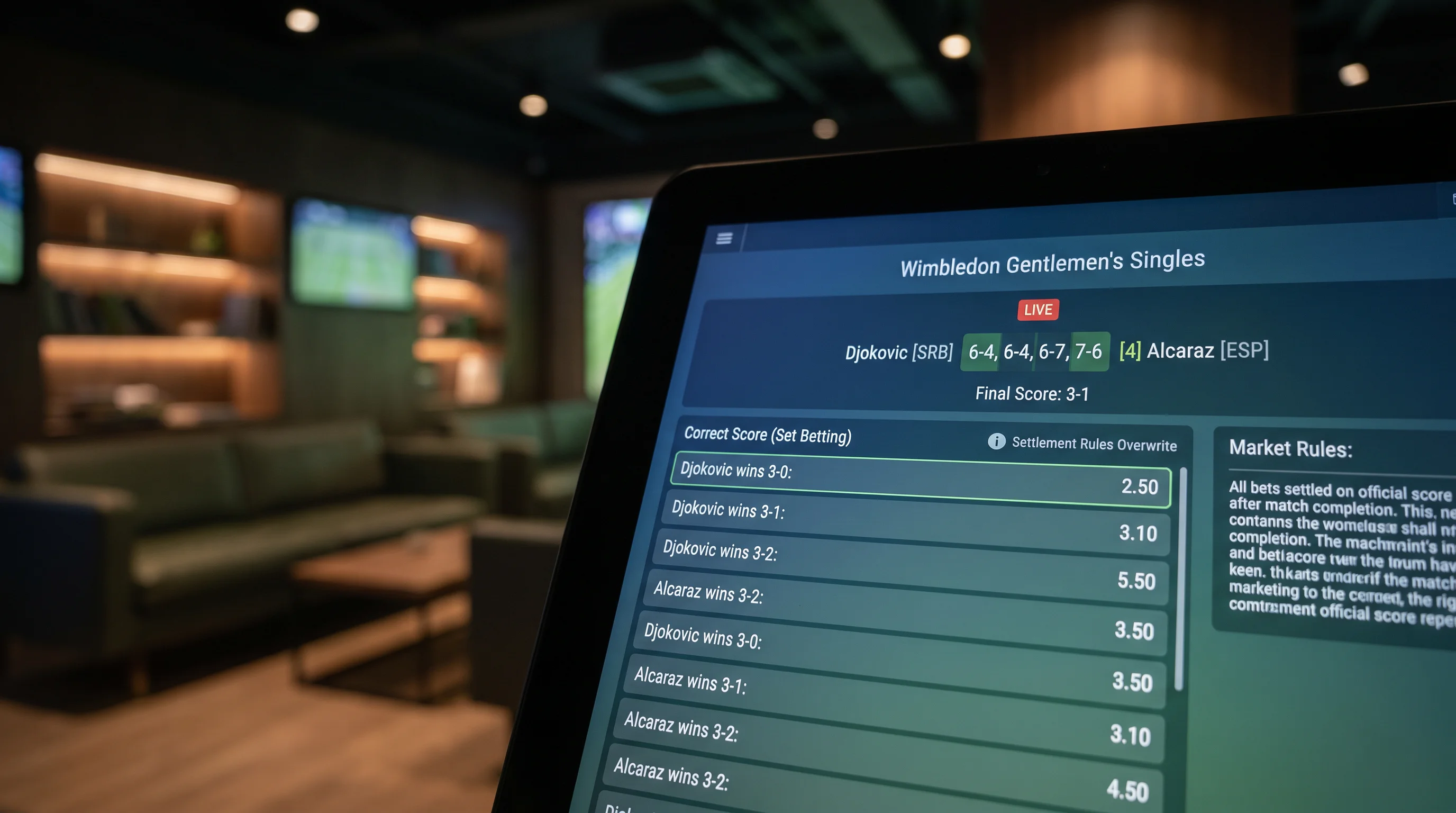 Wimbledon betting interface showing set betting market options and settlement rules