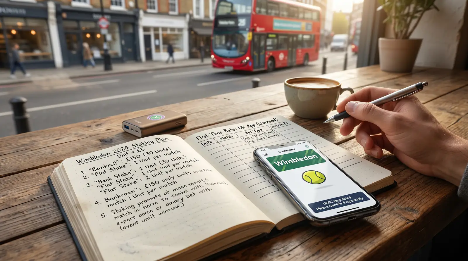 Notebook showing simple staking plan and bankroll management for Wimbledon betting