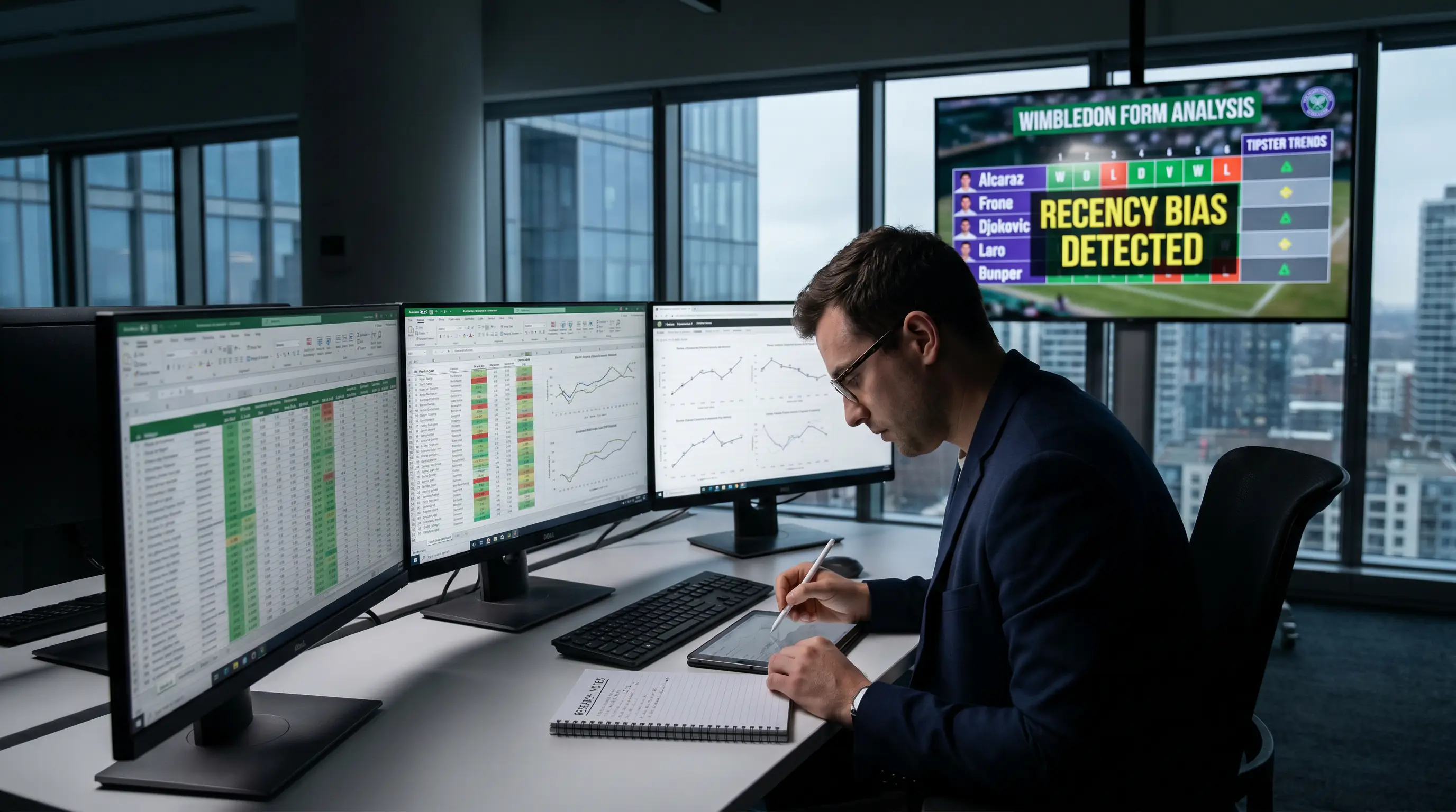 Analyst reviewing Wimbledon form data identifying recency bias in tipster picks
