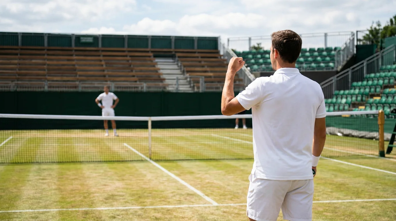 Tennis player celebrating a winning shot on Wimbledon grass court against a higher-ranked opponent