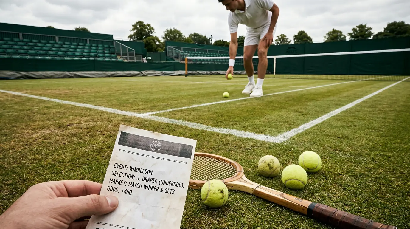 Betting slip showing underdog selection across Wimbledon set and match markets