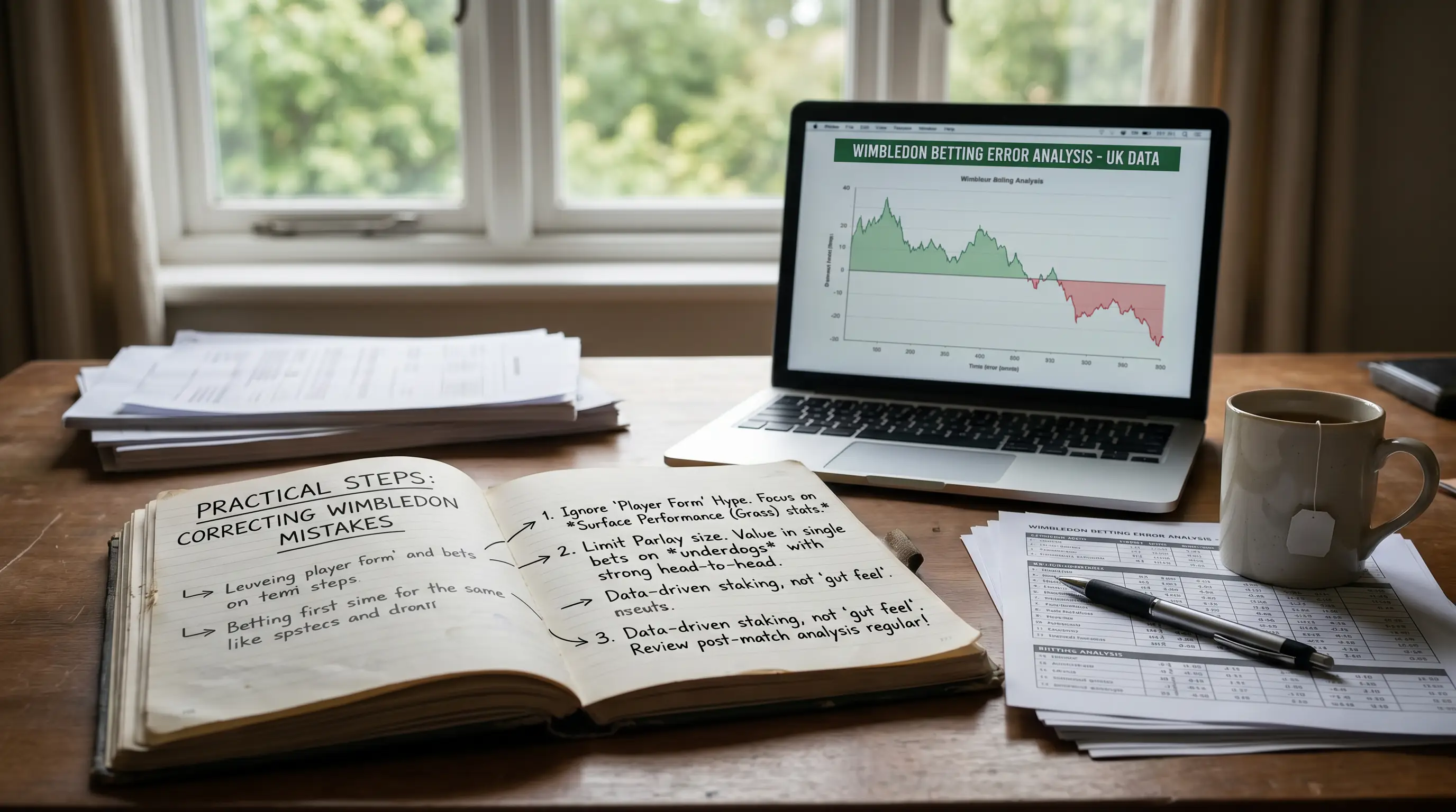 Notebook showing practical steps to correct common Wimbledon betting mistakes