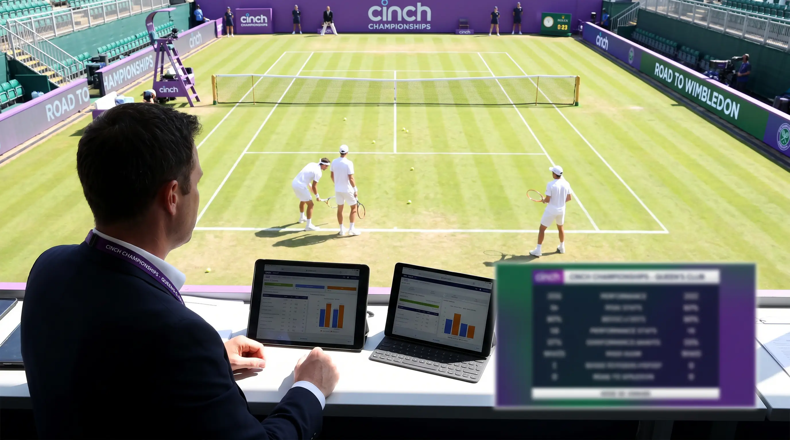 Sports analyst reviewing grass warm-up tournament data for Wimbledon form assessment